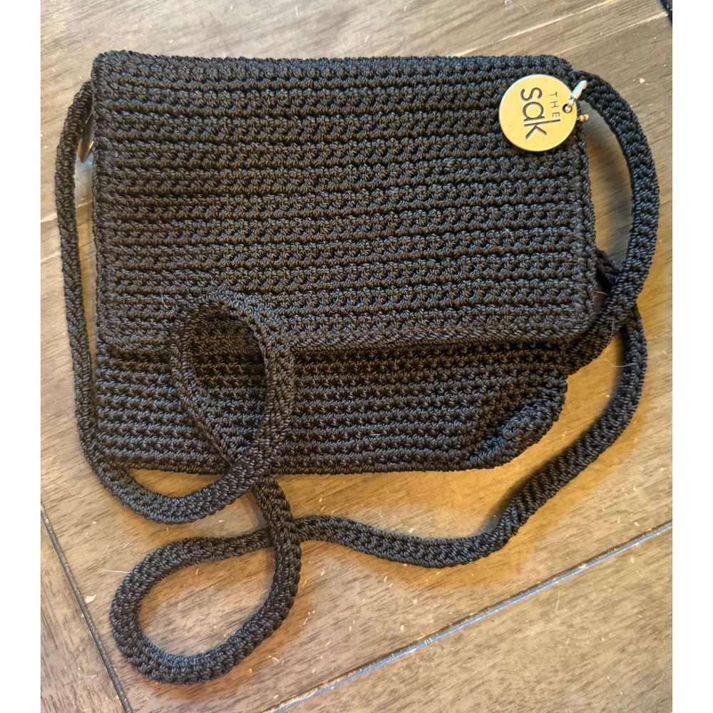 The Sak Black Crochet‎ Crossbody Bag Knit Flap Top Zip Purse Silver Logo Charm